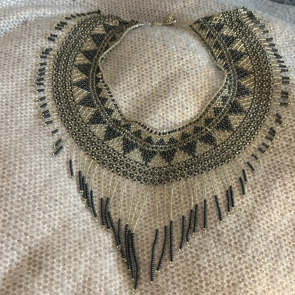 Vintage Beaded Collar Necklace Slate and Silver - Picture 5 of 14